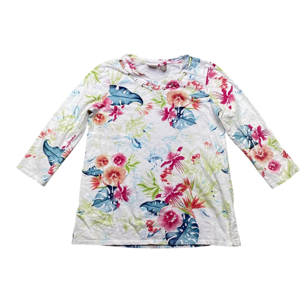 Chicos Tropical Floral Lace Up V-Neck Top White‎ Pink Blue Size 0 3/4 Sleeve